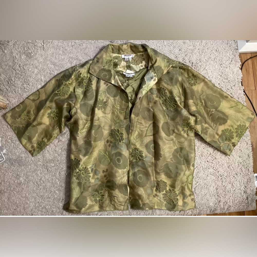 NIRA NIRA green floral silk shell top jacket 2 pc  set large l